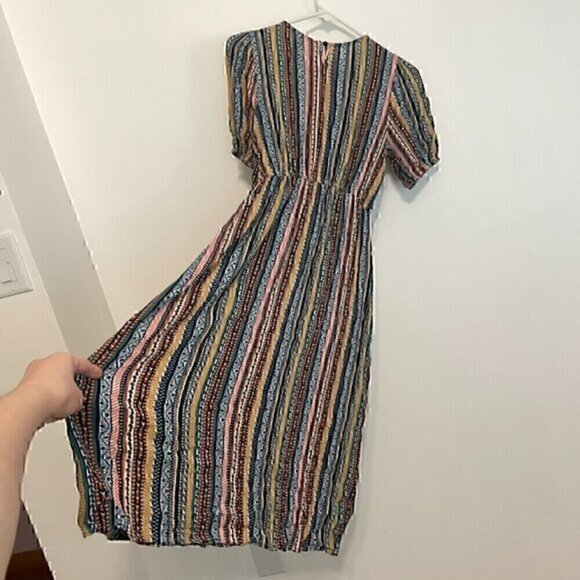 EMERY ROSE SHEIN Striped Puff Sleeve Dress White Black Multi Geometric Boho Midi - Picture 14 of 14